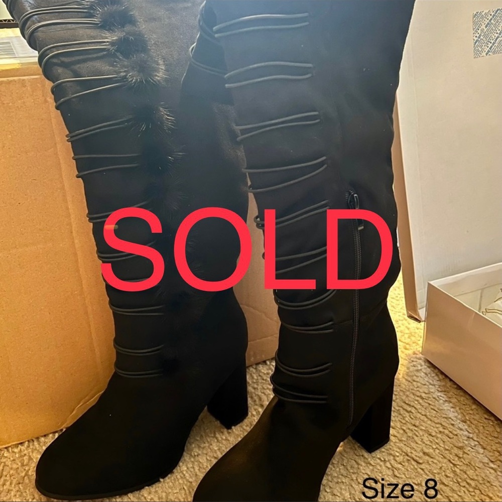Pom Pom knee high boots
